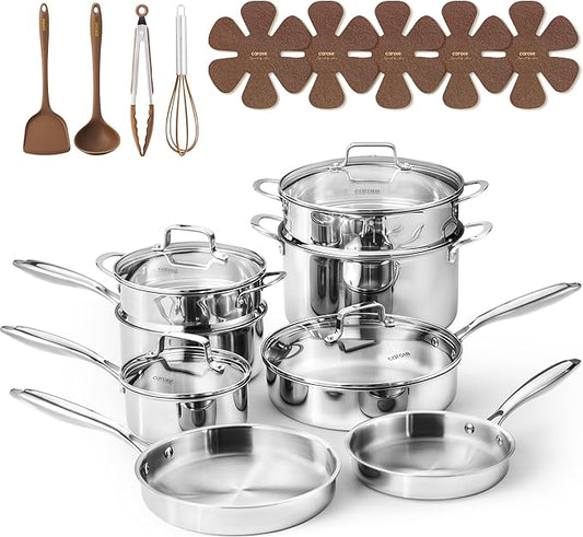 CAROTE 21pcs Tri-Ply Stainless Steel Cookware Set, Pots and Pans Set, Non Toxic Induction Kitchen Cooking Sets, Cookware Collection, Mirror Polish, Silver by CAROTE