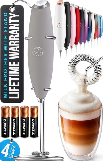 Zulay Kitchen Powerful Milk Frother Wand With 4 AA Duracell Batteries - Ultra Fast Handheld Drink Mixer - Electric Whisk Foam Maker for Coffee, Lattes, Cappuccino, Matcha & Creamer - Light Gray by ZulayKitchen