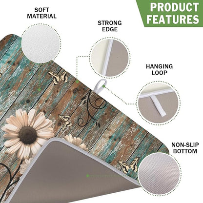 Dish Drying Mat for Kitchen Counter 16 x 18 Inch Rustic Vintage Daisy Floral Dish Drainer Mat Absorbent Microfiber Farmhouse Flowers Wooden Board Dish Rack Pad for Coffee Dining Bar Decor