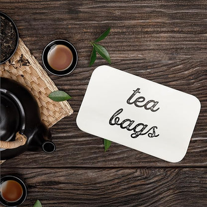 AuldHome Design Farmhouse Tea Bag Box (White), Vintage Retro Style Enamelware Tea Storage Tin