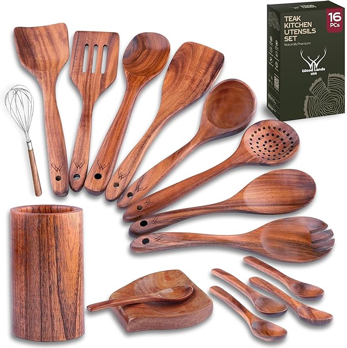 16 Pcs Teak Wooden Cooking Utensils Set – Premium Teak Wooden Utensil Set with Holder, Wooden Spoons for Cooking, Spatulas & Ladle – Durable Kitchen Utensils for Everyday Use - Cooking Utensils Set by WOODLANDSUSA