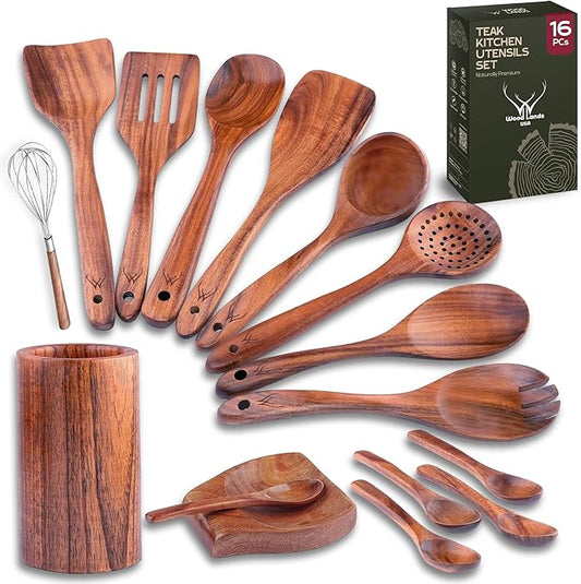 16 Pcs Teak Wooden Cooking Utensils Set – Premium Teak Wooden Utensil Set with Holder, Wooden Spoons for Cooking, Spatulas & Ladle – Durable Kitchen Utensils for Everyday Use - Cooking Utensils Set by WOODLANDSUSA