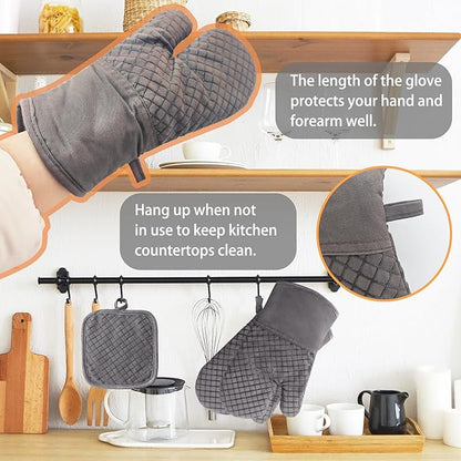 4 Pcs Oven Mitts and Pot Holders,High Heat 500°F Resistant Glove Potholder with Thick Cotton,Silicone Non-Slip Surface Long Kitchen Oven Glove for Cooking Baking Grilling(Grey) - Image 4