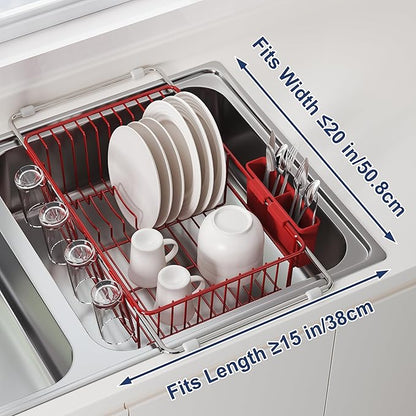 JASIWAY Red in Sink Dish Drying Rack, Expandable Stainless Steel Small Dish Rack Over Kitchen Sink, Plate Drainer Strainer with Cutlery Holder & Cup Holders, Counter Space Saving Wire Dryer Rack - Image 5
