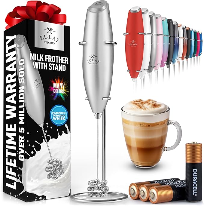 Zulay Kitchen Patented Tornado Triple Whisk Milk Frother with 4 Duracell Batteries – Handheld Foam Maker for Coffee, Lattes, Matcha & Hot Chocolate – Rich, Creamy Froth in Seconds - Bright Silver by ZulayKitchen