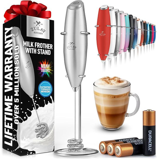 Zulay Kitchen Patented Tornado Triple Whisk Milk Frother with 4 Duracell Batteries – Handheld Foam Maker for Coffee, Lattes, Matcha & Hot Chocolate – Rich, Creamy Froth in Seconds - Bright Silver by ZulayKitchen