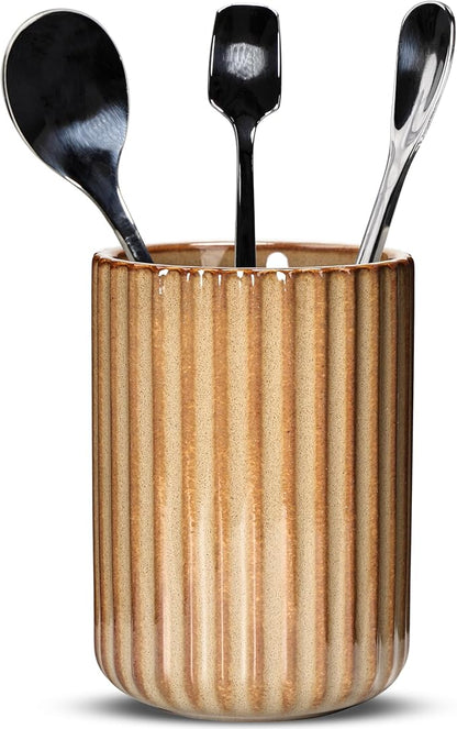 Ceramic Spoon Holder for Coffee Bar, Upright Tea Spoon Holder Cup, Coffee Stirrers Straws Stir Stick Holder, Brown Fluted Surface by U-TIMES