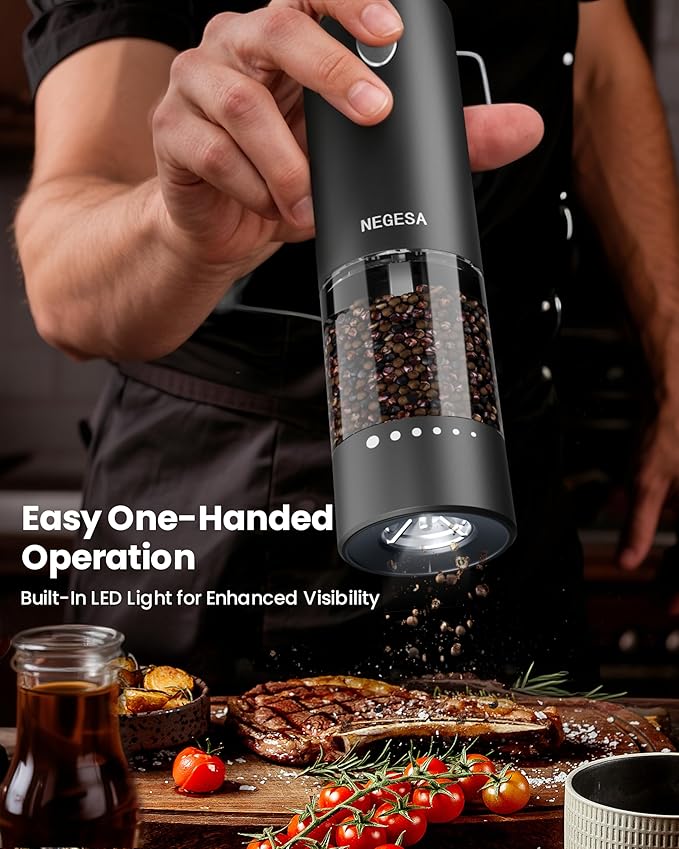 Electric Salt and Pepper Grinder Set with Rechargeable Base - Automatic Refillable Electric Salt and Pepper Shakers with Large Capacity, LED Light & Adjustable Coarseness, Black - Image 4