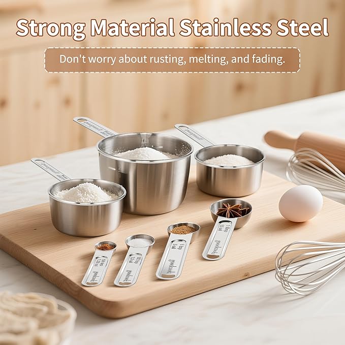 Measuring Cups and Spoons Set (8 Piece), Stainless Steel Measuring，4 Spoons, 4 Cups, Metal Measuring Cups for Cooking & Baking - Image 4