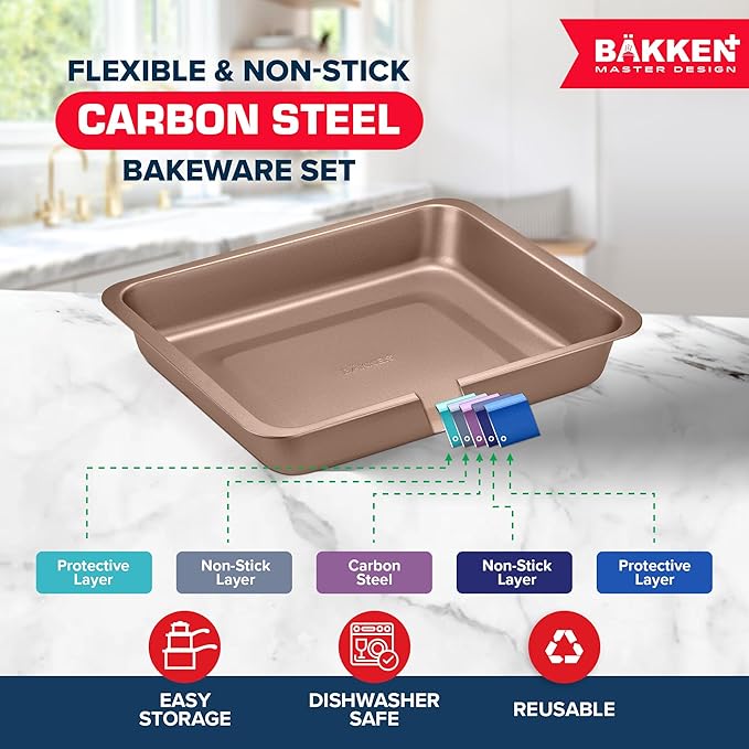 BAKKEN 6-Piece Kitchen Baking Pan Set - Commercial Grade Carbon Steel Bakeware, With Nonstick Coating, Stackable and Space-saving Design, PFOA, PFOS, PTFE Free, Oven Safe Tray (Up To 450°F), Brown - Image 3