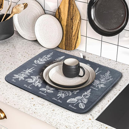 Flower Herbs Dish Drying Mat Wild Plant Dish Rack Mat with Hanging Loop Fast Dry Dish Drainer Pad for Kitchen Counter Sink 16x18 Inch