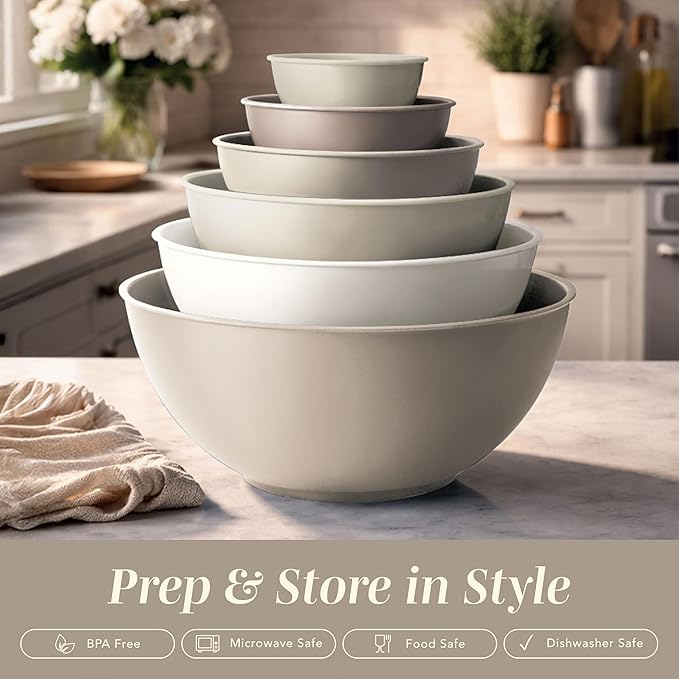COOK WITH COLOR Mixing Bowls with TPR Lids - 12 Piece Plastic Nesting Bowls Set includes 6 Prep Bowls and 6 Lids, Microwave Safe (Brown) - Image 3