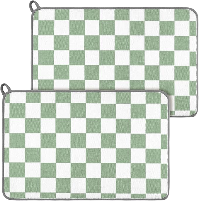 Zonon Green Checkered Dish Drying Mat for Kitchen Counter 16" x 24" Microfiber Absorbent Dish Drainer Rack Pads Fast Dry Mat Vintage Kitchen Decorations by Zonon