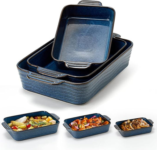 Kiln-Transformed Blue Ceramic Baking Dish Set of 3, Casserole Dishes for Oven, Square Porcelain Bakeware Set with Handles, Lasagna Baking Pan for Cooking, Perfect for Baking and Serving, Housewarming, Halloween, Thanksgiving, Christmas, New Year by Jemirry
