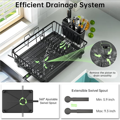 Dish Drying Rack, Dish Racks for Kitchen Counter, Detachable Dish Drainer with Drainboard, Utensil Holder, Cup Holder, Space Saving Kitchen Drying Rack for Small Home and Appartment, Black - Image 4