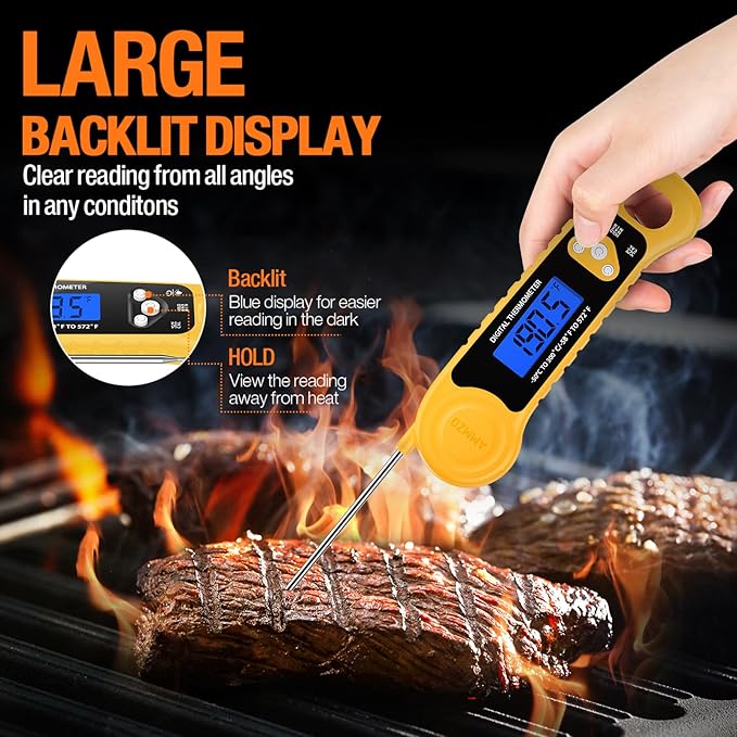 AMMZO Meat Thermometer Digital, Instant Read Food Thermometer - Waterproof w/Backlight for Cooking, Candy, Deep Fry, BBQ, Grill, Candy Making Accessories, Gifts for Men Women(Yellow) - Image 4