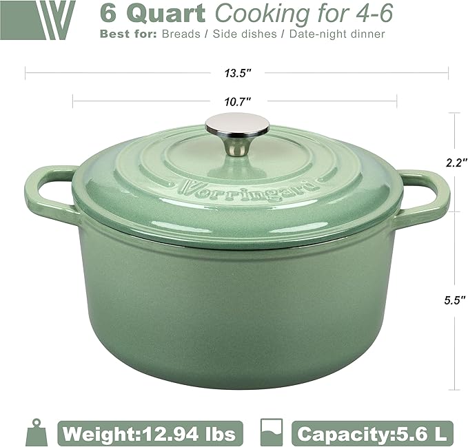 VORRINGARD Enameled Cast Iron Dutch Oven Pot with Lid, for Sourdough Bread Baking, Round Dutch Ovens, 6 Quart, Sage green - Image 2