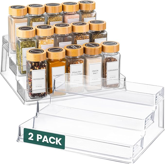 Oizeir Clear Spice Rack (2-Pack) – 3-Tier Acrylic Organizer for Cabinet – Deep Spice Shelf – 10.4 x 9.6 x 4 Inches – Holds Seasoning and Condiments by Oizeir