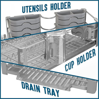 Simple Houseware Dish Drying Rack with Drainboard, Utensil Holder & Mug Hooks, Silver Metal Kitchen Counter Organizer - Image 5