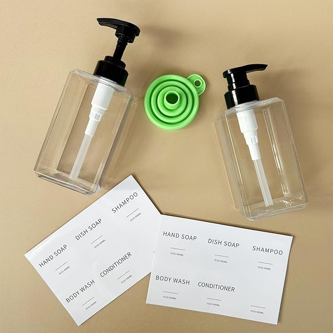 Clear Soap Dispenser with Waterproof Labels, Thickened Plastic Hand Soap Dispenser for Bathroom, Kitchen Dish Washing Liquid Bottles, Shampoo and Conditioner Bottles with Funnel (15oz 2Pack Clear) - Image 7