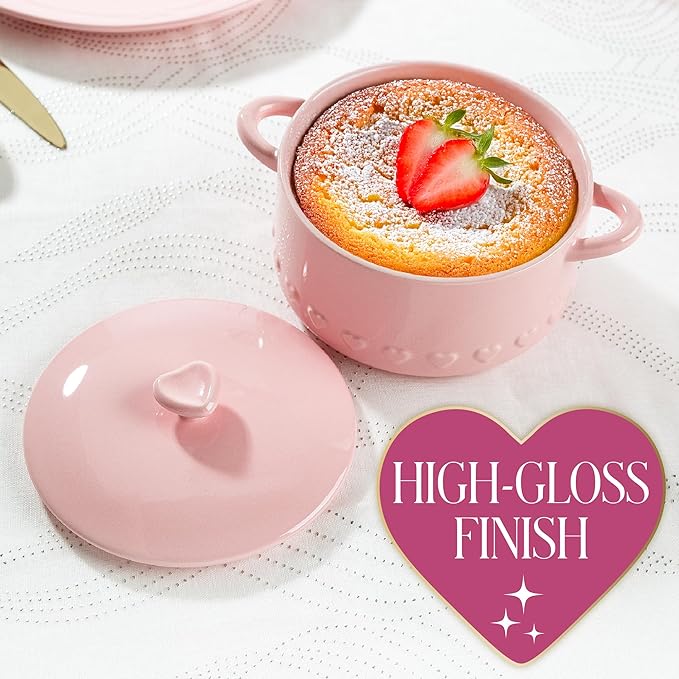 Paris Hilton Iconic Ceramic Stoneware Casserole Dish With Lid, Oven Safe Up To 450°F, Dishwasher & Microwave Safe, 28oz, Pink with Embossed Heart Design - Image 6
