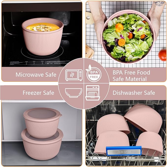 BoxedHome Mixing Bowls with Lids Set, 4 Packs BPA-Free Plastic Prep Bowls for Kitchen, Dishwasher & Microwave Safe, Pink - Image 6