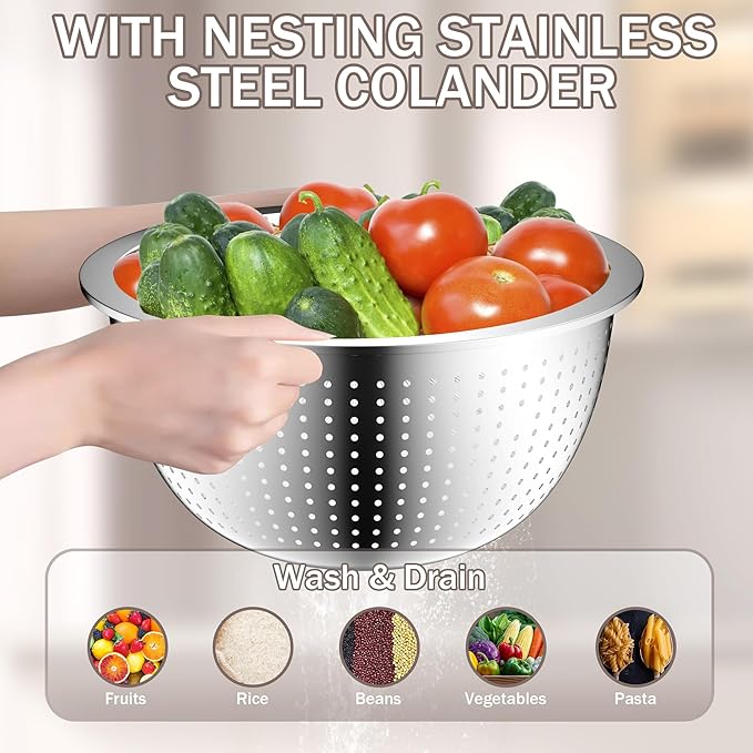 DUTZUN Stainles Steel Mixing Bowls with Lids Set, Stackable Metal Mixing & Serving Bowl with Strainer, 5-Piece - Beige - Image 4