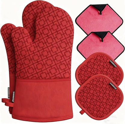 Oven Mitts and Pot Holders Sets 6pcs, Kitchen Oven Glove,High Heat Resistant 550 Degree Extra Long Oven Mitts and Potholders with Non-Slip Silicone Surface for Home Essentials (Grey) (Coral Red) by OvenMitts