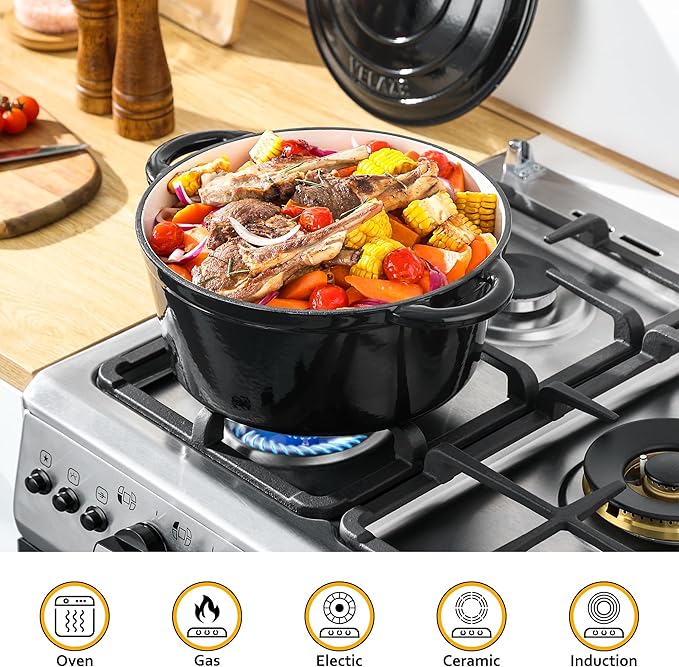 Velaze 7.5 QT Dutch Oven Pot with Lid, Enameled Cast Iron Dutch Oven with Dual Handles for Sourdough Bread Baking, Cooking, Non-stick Enamel Coated Cookware (Black) - Image 4