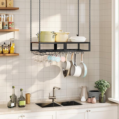 HOOBRO Hanging Pot Rack, Space-Saving Pot Hanger for Kitchen, Ceiling Pan Hanging Rack with 10 S-Shaped Hooks and 3 Dual-Prong Hooks, for Pot, Pan Storage,Space-Saving, Rustic Brown and Black BF78TL01