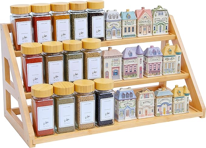 3 Tier Bamboo Spice Rack Organizer for Cabinet - Seasoning Rack Fits 24 Spice Jars, 17.5” Wide Countertop & Cabinet Organizer for Kitchen Organization