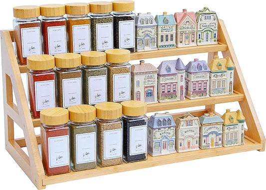 3 Tier Bamboo Spice Rack Organizer for Cabinet - Seasoning Rack Fits 24 Spice Jars, 17.5” Wide Countertop & Cabinet Organizer for Kitchen Organization