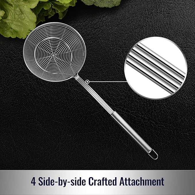 Hiware Solid Stainless Steel Spider Strainer Skimmer Ladle, Kitchen Utensils Wire Strainer Pasta Spoon, 7 Inch - Image 4