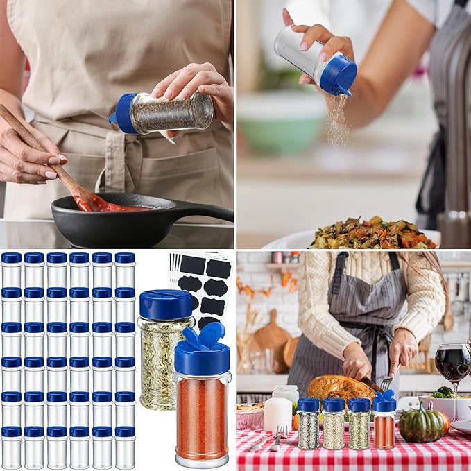 Eccliy 36 Pack 3 oz Clear Plastic Spice Jars with Label and Shaker Lids Empty Spice Bottles Seasoning Containers Seasoning Jars Shaker Condiment Pots for Pepper Herbs Powders(Blue) - Image 6