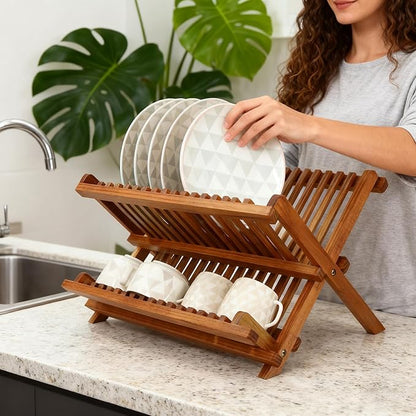 Utoplike Teak Dish Drainer Rack Collapsible 2 Tier Dish Rack Dish Drying Rack Foldable Plate Organizer Holder for Kitchen Compact Countertop - Image 7