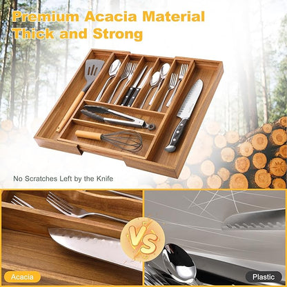 Large Premium Acacia Silverware Organizer - Expandable Drawer Organizer & Utensil Organizer - 17"x19.7" Cutlery Tray with Dividers for Kitchen Utensils and Flatware (7-9 Slots) Acacia - Image 4