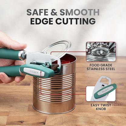 Zulay Kitchen Heavy Duty Stainless Steel Can Opener Manual with Bottle Opener - Rust Proof Manual Can Opener With Turn Knob & Comfy Soft Grip Handles - Pine Green - Image 4