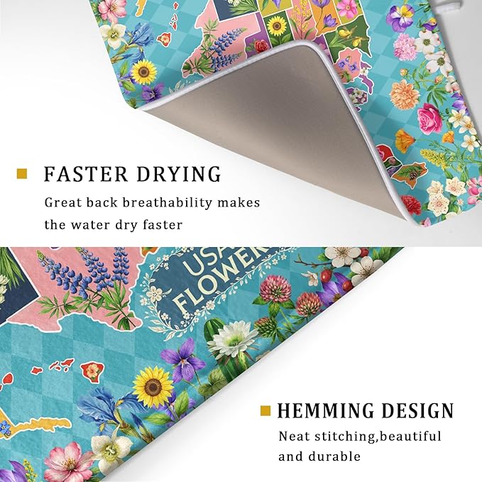 Flower Map Dish Drying Mat Colorful Floral Microfiber Large Dish Drying Pad for Kitchen Counter 18 X 24 In - Image 3