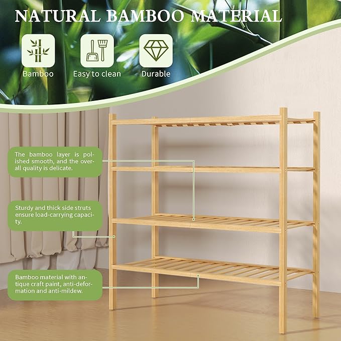ROMGUAR CRAFT 4 Tier Bamboo Shoe Rack for Closet Free Standing Wood Shoe Shelf for Entryway Small Space Stackable 27"x11"x26" (Natural) - Image 6