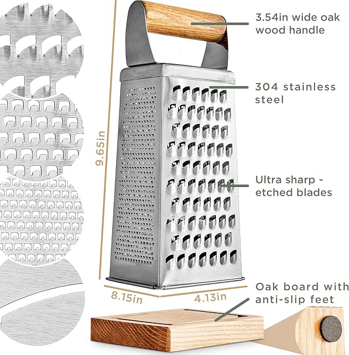 WALDWERK Premium Grater with Etched Stainless Steel Blades - Grater for Kitchen with Oak Wood Base - Box Grater with 4 Sides for Parmesan Cheese, Vegetables, Carrots, or Potatoes - Cheese Grater - Image 6