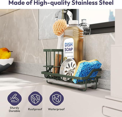 SWTYMIKI Sink Caddy Sponge Holder - Kitchen Sink Organizer with High Brush Holder for Countertop to Hold Dish Soaps and Sponges, Stainless Steel, Green - Image 2
