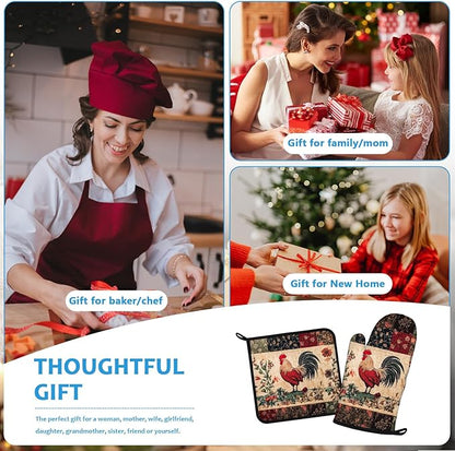 Rustic Rooster Oven Mitts and Pot Holders Sets Heat Resistant 4Pcs Potholders Oven Gloves Hot Pads for Kitchen Baking Cooking Grilling BBQ