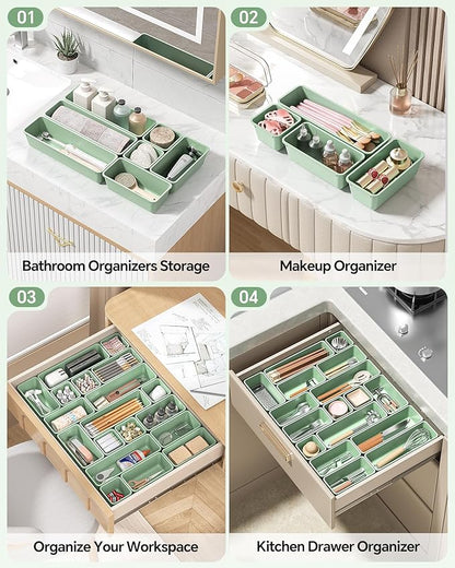 Canfanni 13 Pack Plastic Drawer Organizers Set, 3 Sizes Desk Drawer Organizer Trays for Vanity and Makeup Organizer, Organization and Storage for Makeup, Kitchen Utensils, Bathroom and Office(Green) - Image 5