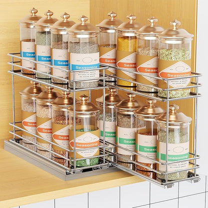Mystozer Pull Out Spice Rack Organizer for Cabinet, Slide Out Spice Racks, Easy to Install, 7.08" Wx10.43 Dx8.26 H, 2 Drawers 2 Tiers(Silver) by Mystozer