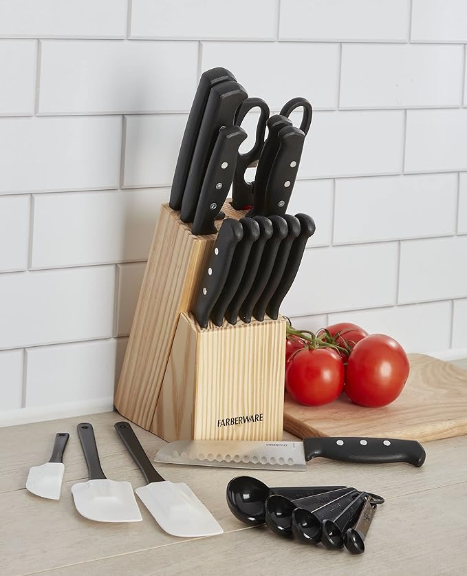 Farberware 22-Piece Never Needs Sharpening Triple Rivet High-Carbon Stainless Steel Knife Block and Kitchen Tool Set, Black, Durable AND Precision Cutlery - Image 6