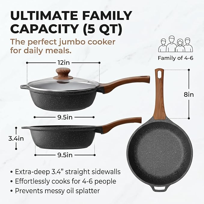 YASHE 12 Inch Nonstick Saute Pan with Glass Lid, 5 QT Large Deep Skillet & Frying Pan, Healthy Granite Stone Cookware for Family, One Pan Replaces Five, Induction Compatible, PFOA Free
