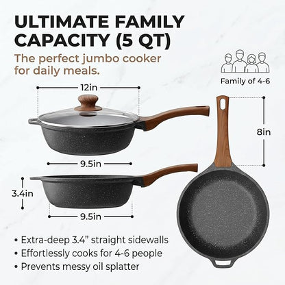YASHE 12 Inch Nonstick Saute Pan with Glass Lid, 5 QT Large Deep Skillet & Frying Pan, Healthy Granite Stone Cookware for Family, One Pan Replaces Five, Induction Compatible, PFOA Free