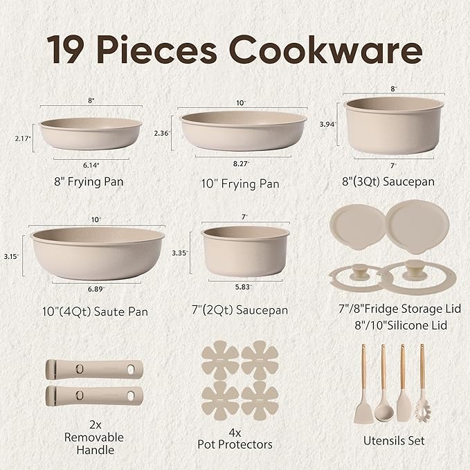 CAROTE 19pcs Pots and Pans Set Non Stick, Nonstick Cookware Set Detachable Handle, Induction Kitchen Cooking Sets with Removable Handle, RV Kitchen, Oven Safe, Taupe - Image 2