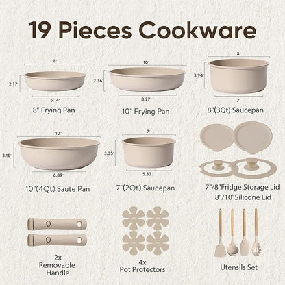 CAROTE 19pcs Pots and Pans Set Non Stick, Nonstick Cookware Set Detachable Handle, Induction Kitchen Cooking Sets with Removable Handle, RV Kitchen, Oven Safe, Taupe - Image 2