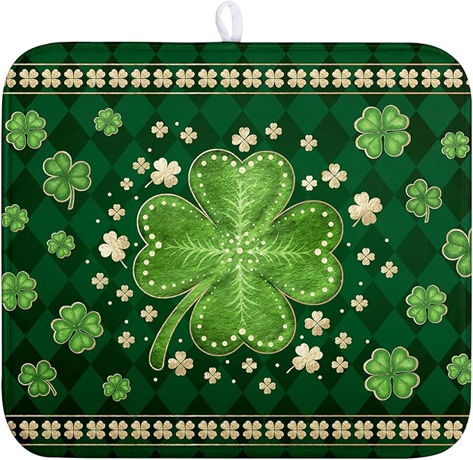St Patricks Day Drying Mat for Kitchen Counter Shamrock Dish Drying Mats Lucky Clovers Green Plaid Dish Dryer Pad Absorbent Reversible Dish Drainer Rack Mat Kitchen Accessories 16x18 Inch by Kwlegh